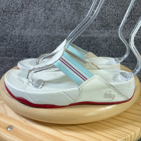 FitFlop Sandals Walkstar III Wedge Heel Womens Sz 8 Leather Red White Blue Thong - Picture 1 of 8